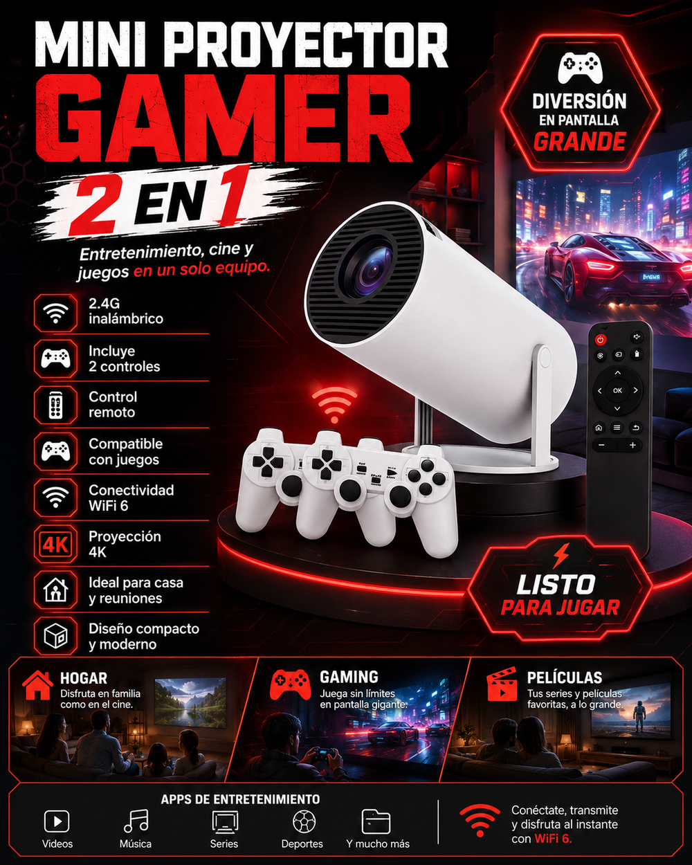 PROYECTOR GAMER INALÁMBRICO 2 EN 1