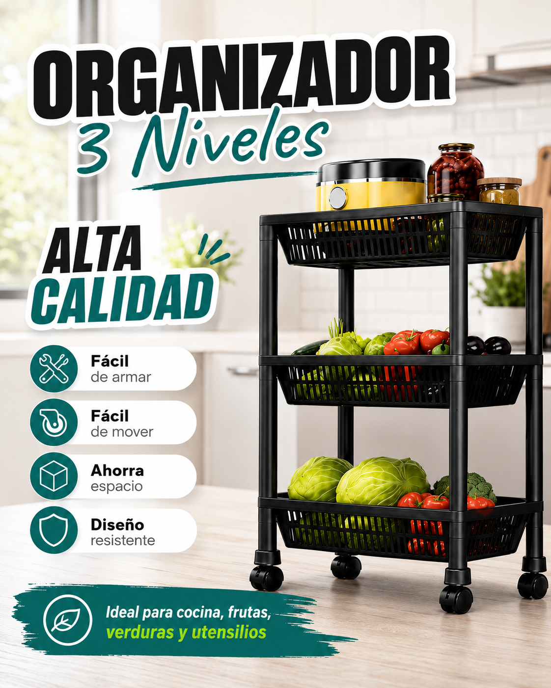 ORGANIZADOR DE COCINA 3 NIVELES CON RUEDAS